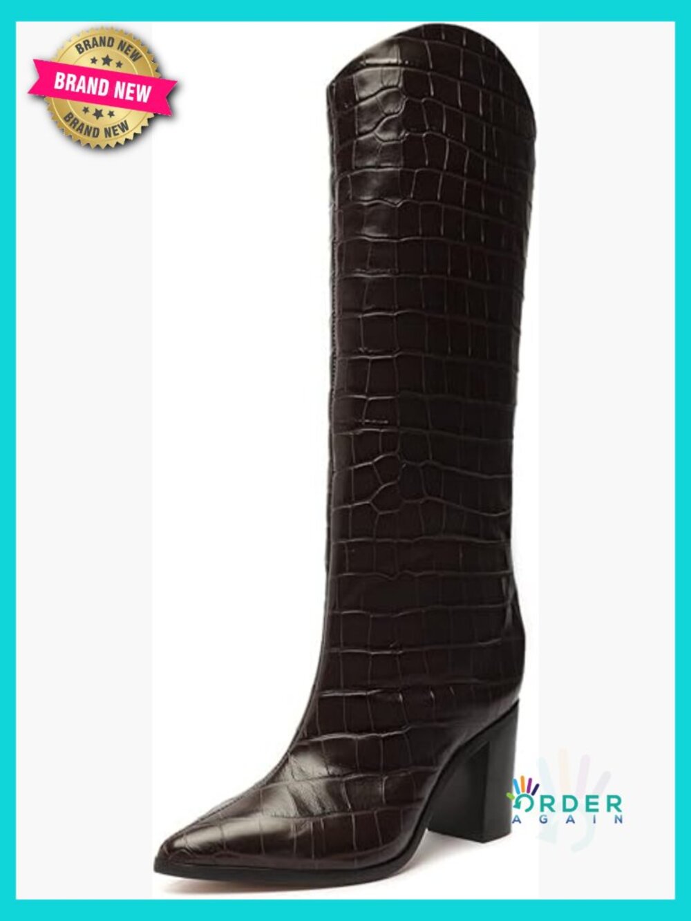 Knee-High Croc-Embossed Block Heel Booties Chunky Boots Pull-On Faux Leather